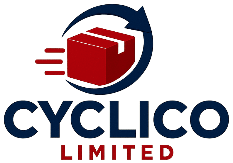 Red recycling icon with arrows surrounding a box, representing sustainable packaging solutions for Cyclico Limited.